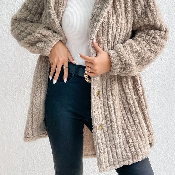 Khaki Casual Womens Button Front Hooded Teddy Coat - Picture 3 of 5